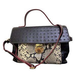 Arcadia Italian Leather Satchel Handbag Black & Python Print Gold Hardware